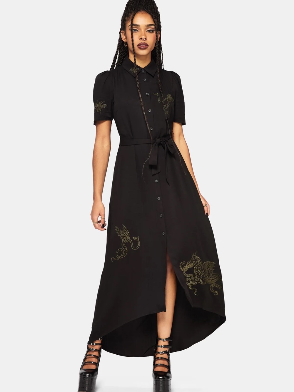 ISO
Disturbia Black High-Low Shirt Dress with Gold Dragon Embroidery